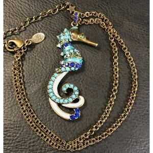 Vintage '80s KIRKS FOLLY Blue Seahorse 20" Necklace Colorful Glass Stones Enamel